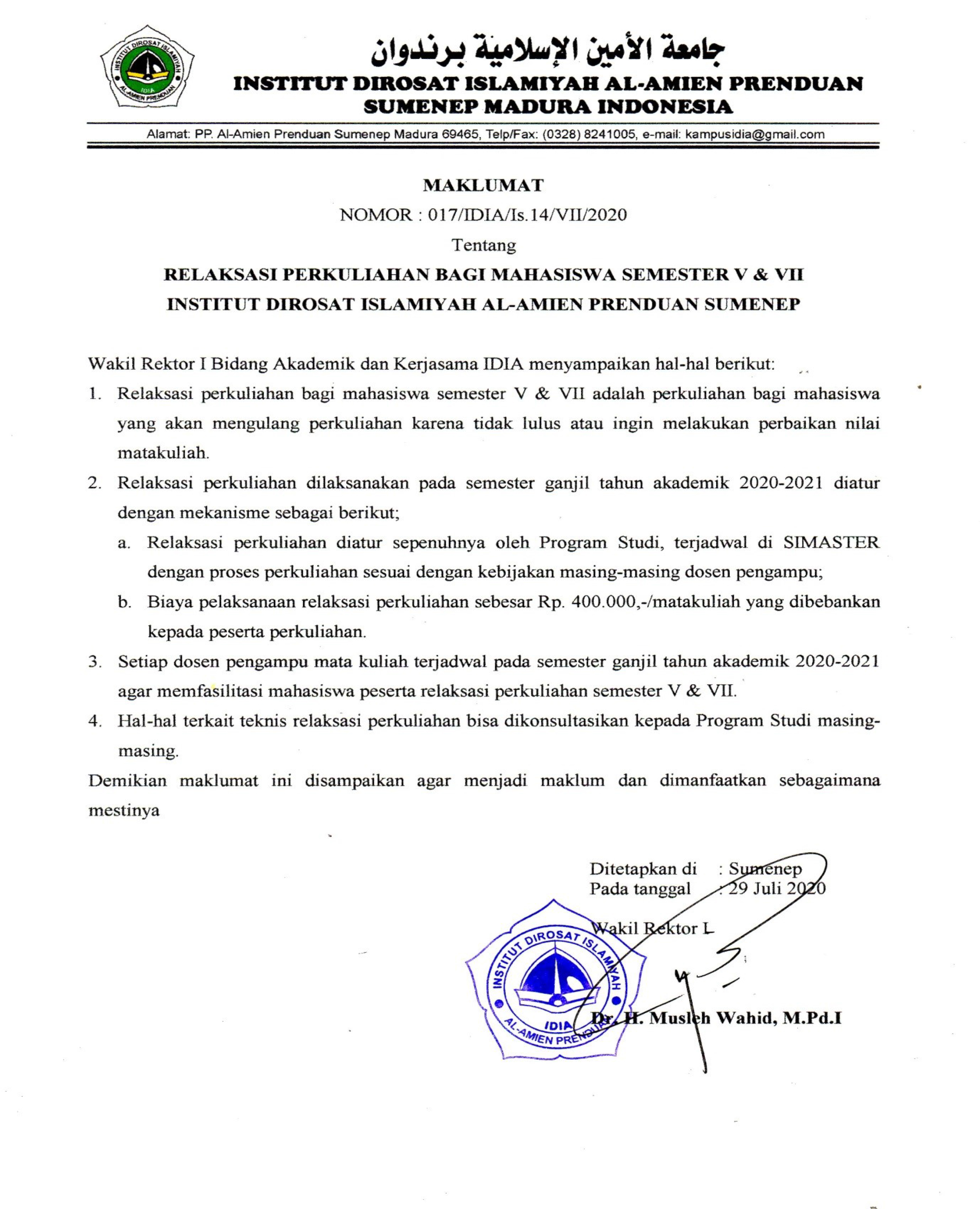 MAKLUMAT RELAKSASI PERKULIAHAN IDIA