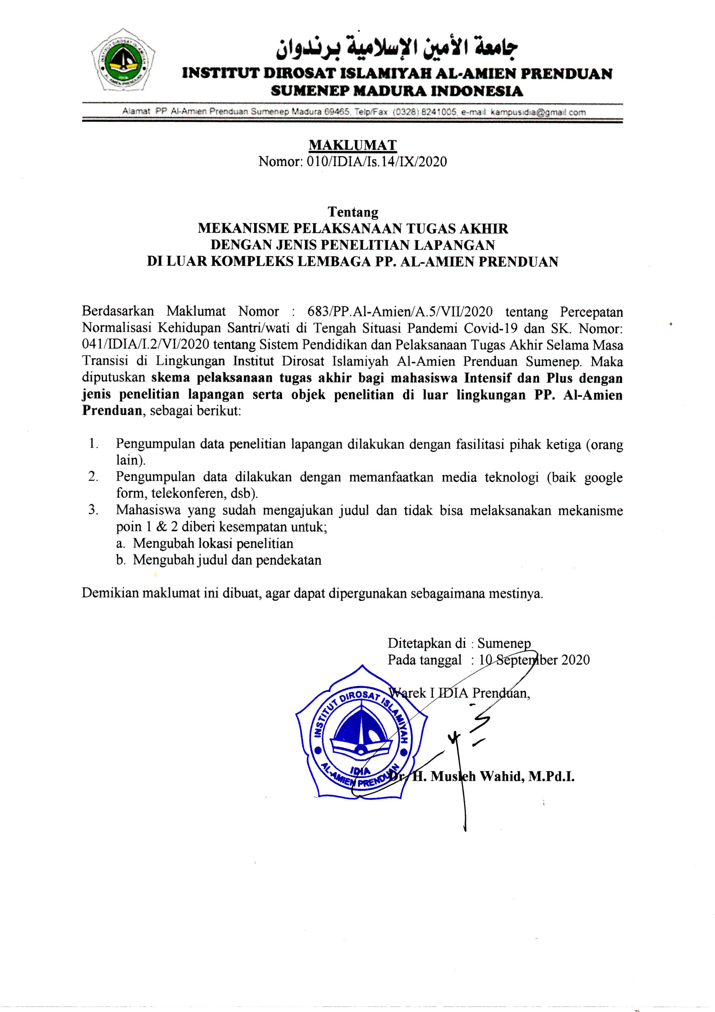 Maklumat Pelaksanaan Penelitian Lapangan Tugas Akhir di Luar Kompleks PP. Al-Amien Prenduan