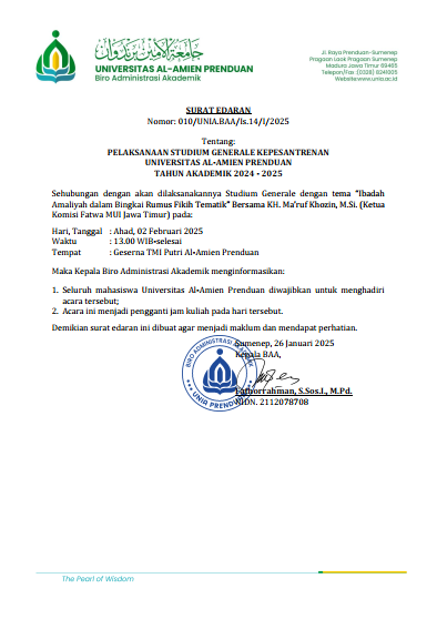 SURAT EDARA TENTANG PELAKSANAAN STUDIUM GENERALE KEPESANTRENAN UNIVERSITAS AL-AMIEN PRENDUAN TAHUN AKADEMIK 2024 - 2025