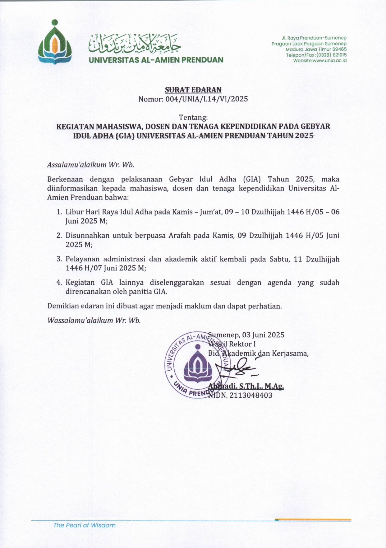 SURAT EDARAN TENTANG KEGIATAN MAHASISWA, DOSEN DAN TENAGA KEPENDIDIKAN PADA GEBYAR IDUL ADHA (GIA) UNIVERSITAS AL-AMIEN PRENDUAN TAHUN 2025