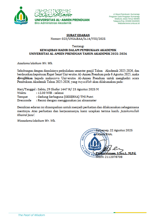 SURAT EDARAN TENTANG KEWAJIBAN HADIR DALAM PEMBUKAAN AKADEMIK UNIVERSITAS AL-AMIEN PRENDUAN TAHUN AKADEMIK 2025-2026