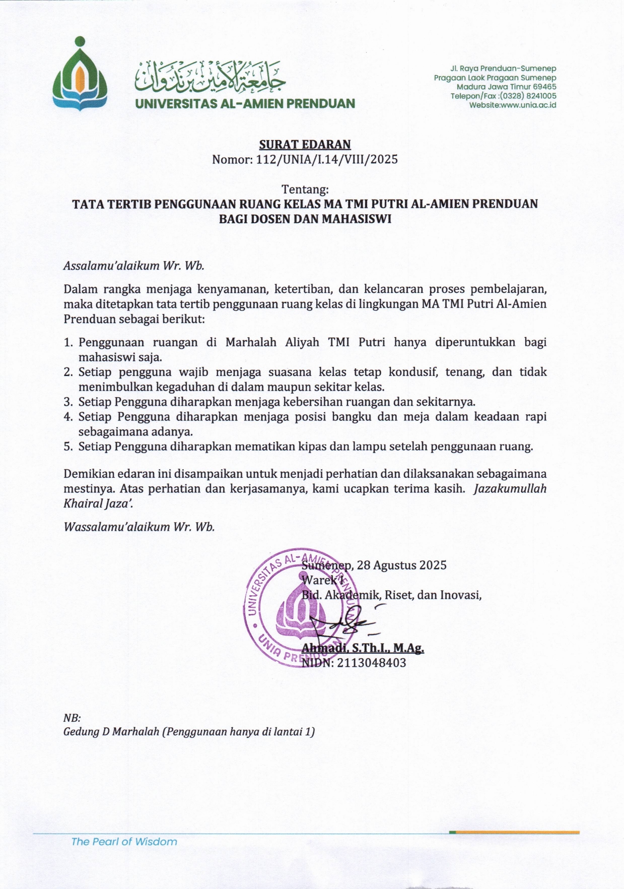 SURAT EDARAN TATA TERTIB PENGGUNAAN RUANG KELAS MA TMI PUTRI AL-AMIEN PRENDUAN BAGI DOSEN DAN MAHASISWI