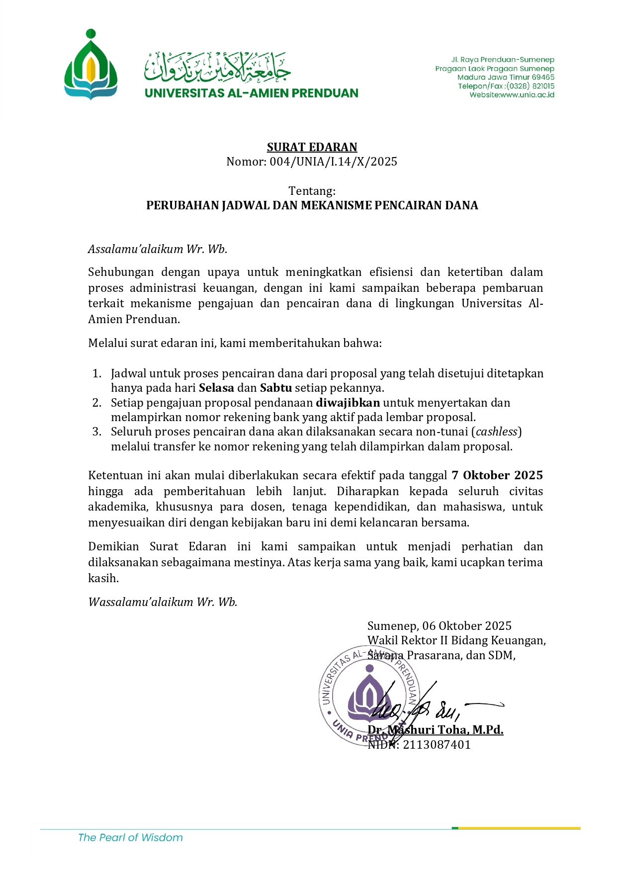 SURAT EDARAN PERUBAHAN JADWAL DAN MEKANISME PENCAIRAN DANA