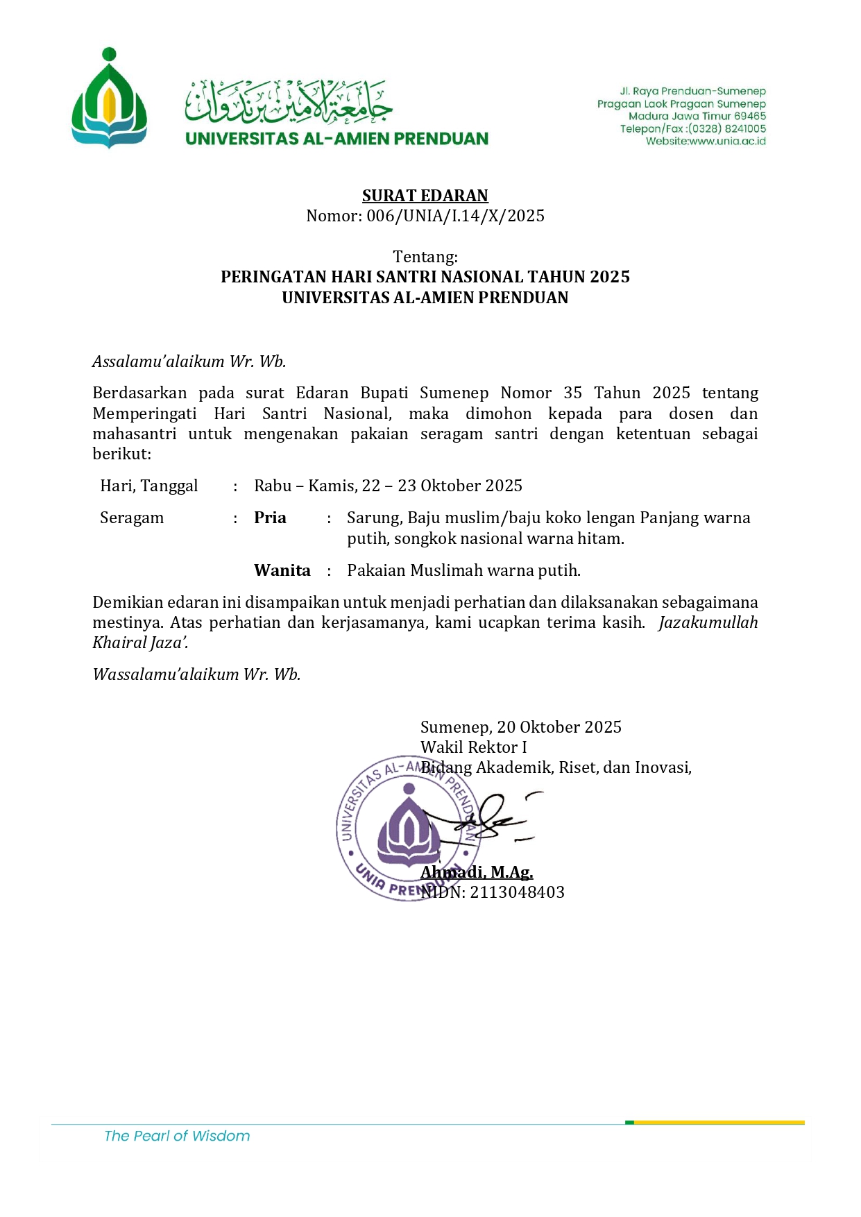 SURAT EDARAN PERINGATAN HARI SANTRI NASIONAL TAHUN 2025